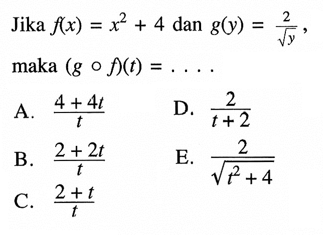 Jika f(x)=x^2+4 dan g(y)=2/akar(y) maka (gof)(t)=...