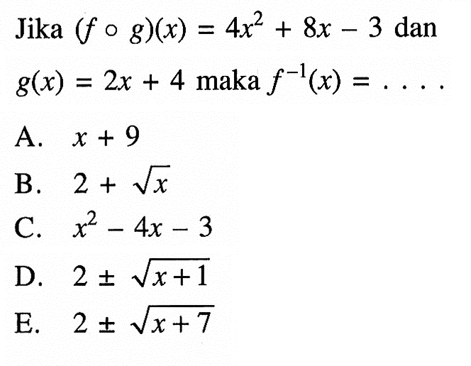 Jika (f o g)(x)=4x^2+8x-3 dan g(x)=2x+4 maka f^(-1)(x)=.... .