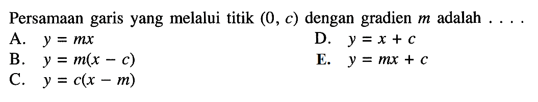 Persamaan yang melalui titik (0, c) dengan gradien m adalah garis ...