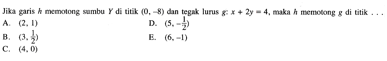 Jika garis h memotong sumbu Y di titik (0, -8) dan tegak lurus g: x+2y=4, maka h memotong g di titik ...