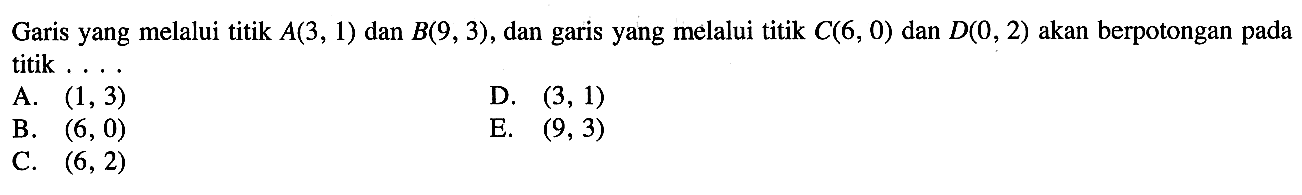 Garis yang melalui titik A(3, 1) dan B(9, 3), dan garis yang melalui titik C(6, 0) dan D(0, 2) akan berpotongan pada titik . . . .