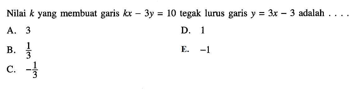 Nilai k yang membuat garis kx - 3y = 10 tegak lurus garis y = 3x - 3 adalah...