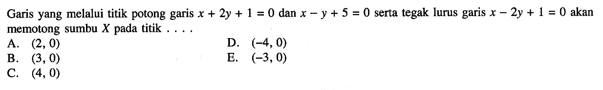 Garis yang melalui titik potong garis x + 2y + 1 = 0 dan x - y + 5 = 0 serta tegak lurus garis x - 2y + 1 = 0 akan memotong sumbu X pada titik...