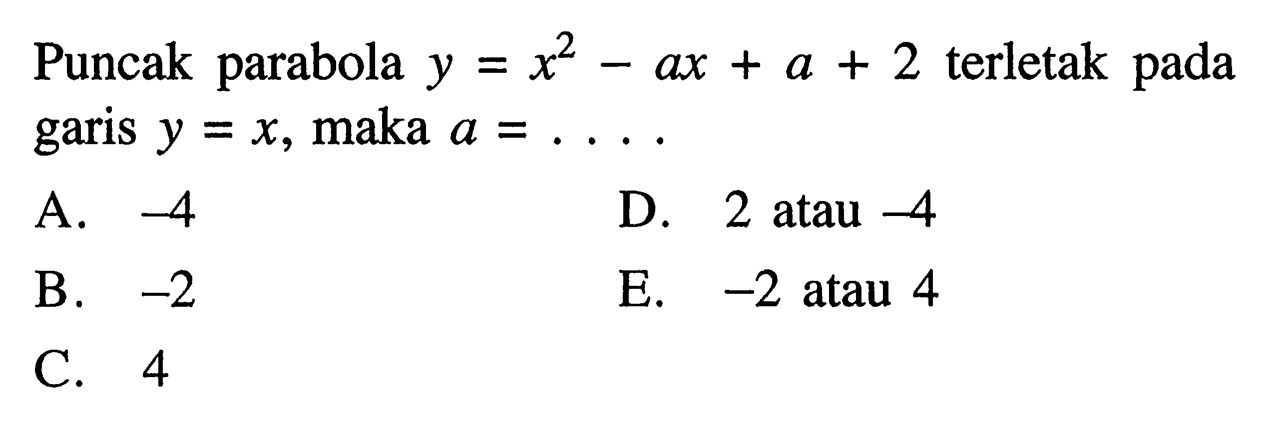 Puncak parabola y = x^2 - ax + a + 2 terletak pada garis y = x, maka a = ....