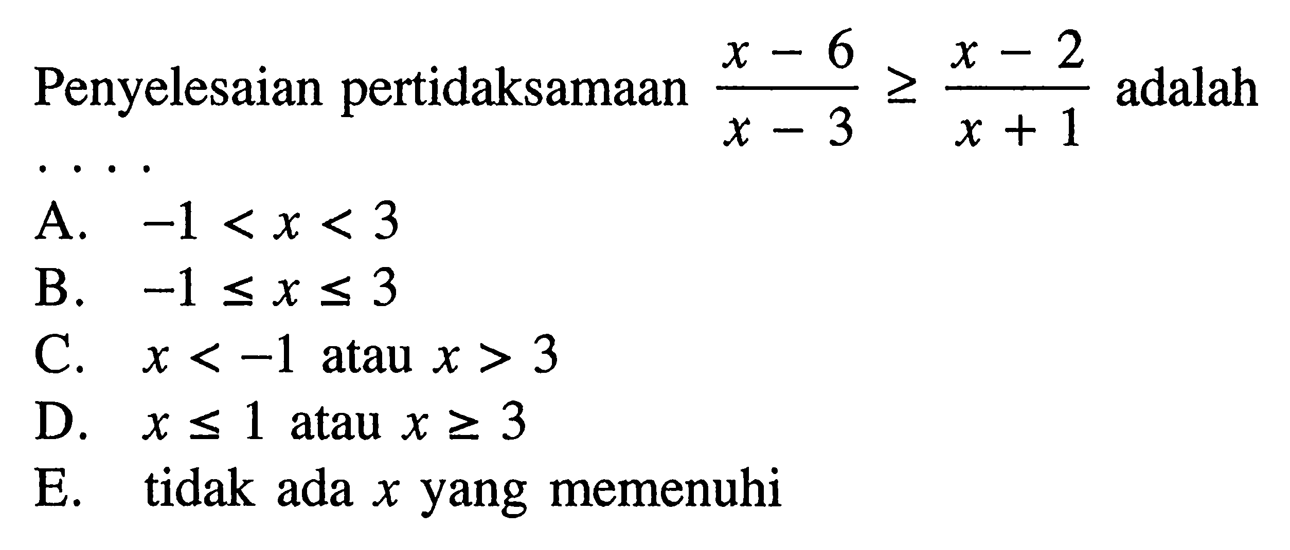 Penyelesaian pertidaksamaan (x-6)/(x-3)>=(x-2)/(x+1) adalah ....