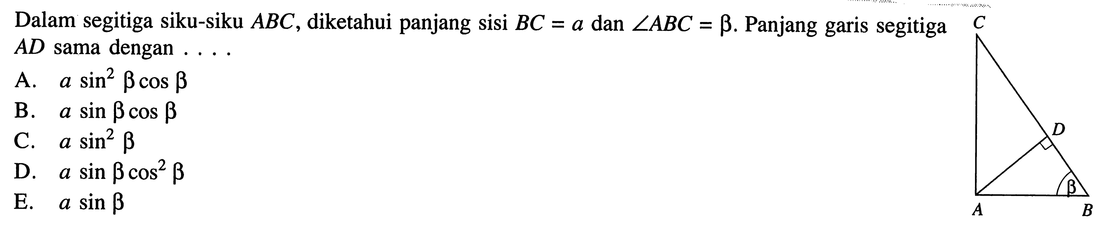 Dalam segitiga siku-siku ABC, diketahui panjang sisi BC=a dan sudut ABC=b. Panjang garis segitiga AD sama dengan ...