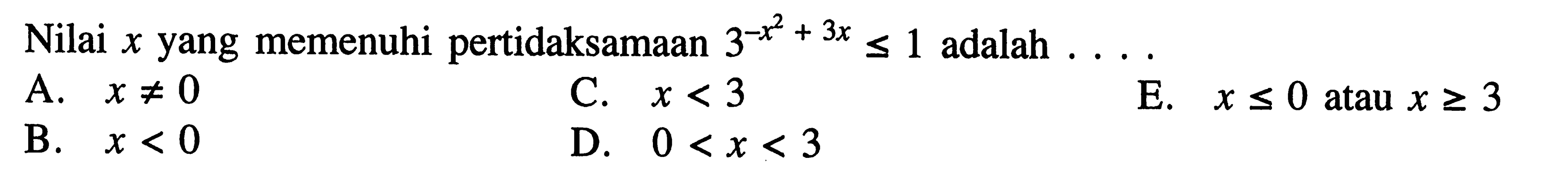 Nilai x yang memenuhi pertidaksamaan 3^(-x^2+3x)<=1 adalah....