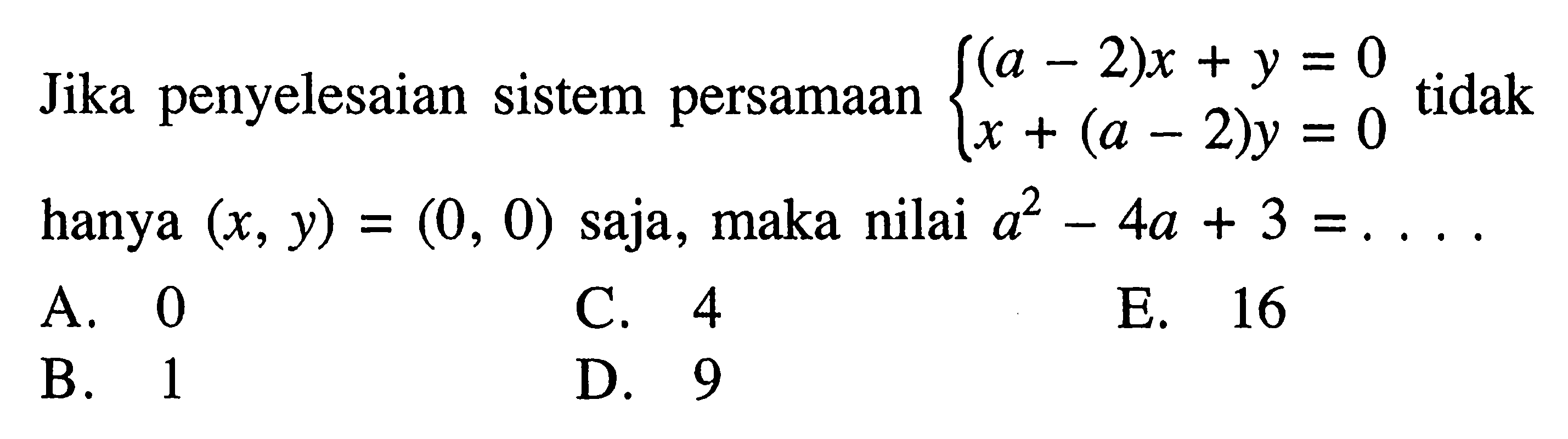 Jika penyelesaian sistem persamaan (a-2)x+y=0 x+(a-2)y=0 tidak hanya (x,y)=(0,0) saja, maka nilai a^2-4a+3= ....