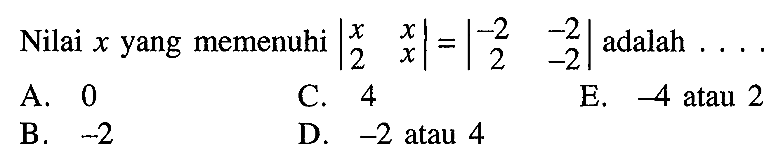 Nilai x yang memenuhi |x x 2 x|=|-2 -2 2 -2| adalah ....