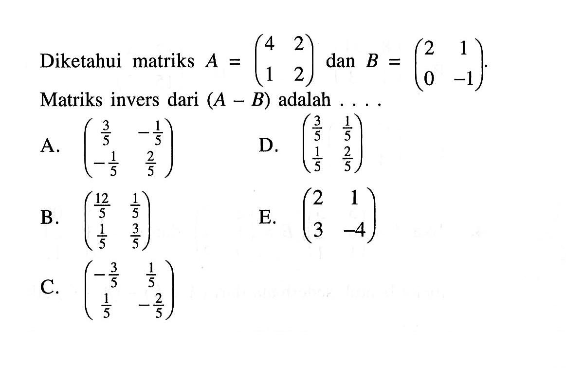 Diketahui matriks A=(4 2 1 2) dan B=(2 1 0 -1). Matriks invers dari (A-B) adalah ...