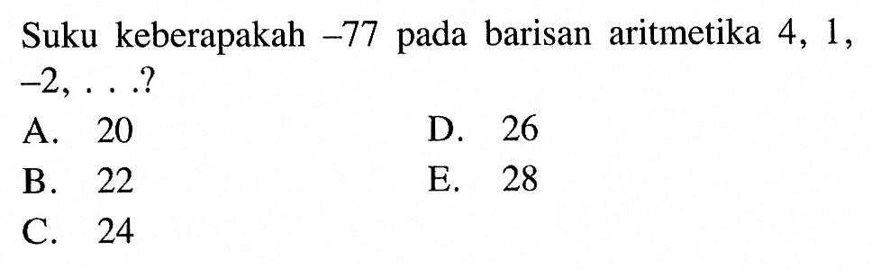 Suku keberapakah -77 pada barisan aritmetika 4,1, -2, ... . ? 