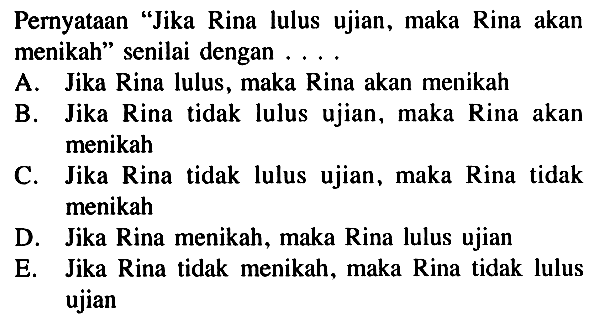 Pernyataan 'Jika Rina lulus ujian, maka Rina akan menikah' senilai dengan....