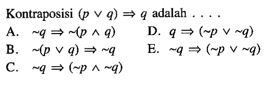 Kontraposisi (p v q)=>q adalah ...