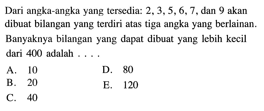 Dari angka-angka yang tersedia: 2,3,5,6,7, dan 9 akan dibuat bilangan yang terdiri atas tiga angka yang berlainan. Banyaknya bilangan yang dapat dibuat yang lebih kecil dari 400 adalah ....