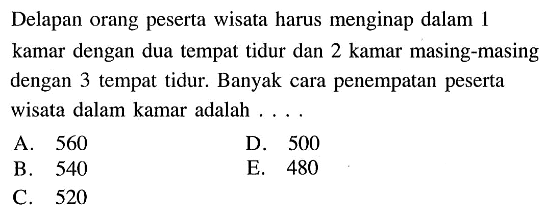 Delapan orang peserta wisata harus menginap dalam 1 kamar dengan dua tempat tidur dan 2 kamar masing-masing dengan 3 tempat tidur. Banyak cara penempatan peserta wisata dalam kamar adalah  ... .
