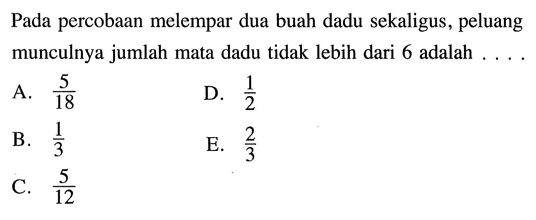 Pada percobaan melempar dua buah dadu sekaligus, peluang munculnya jumlah mata dadu tidak lebih dari 6 adalah ... 