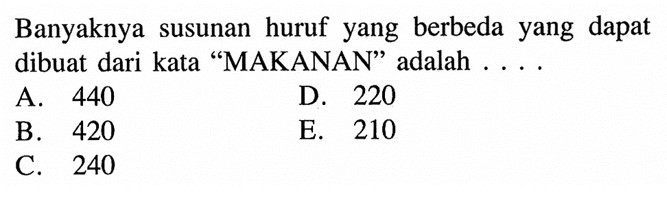 Banyaknya susunan huruf yang berbeda yang dapat dibuat dari kata 'MAKANAN' adalah....