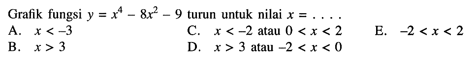 Grafik fungsi y=x^4-8x^2-9 turun untuk nilai x=...