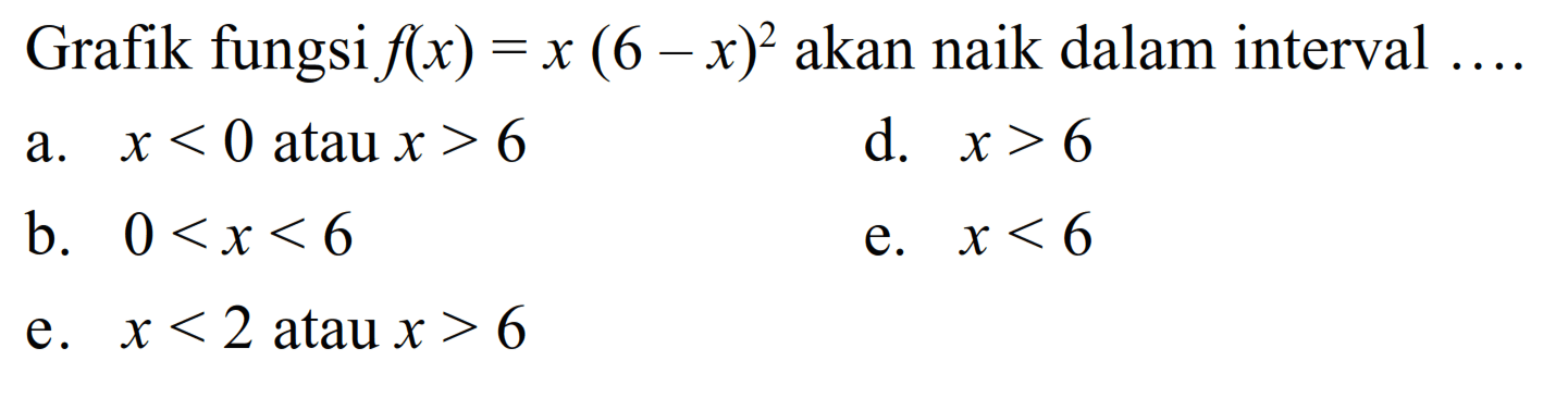 Grafik fungsi f(x)=x(6-x)^2 akan naik dalam interval ....