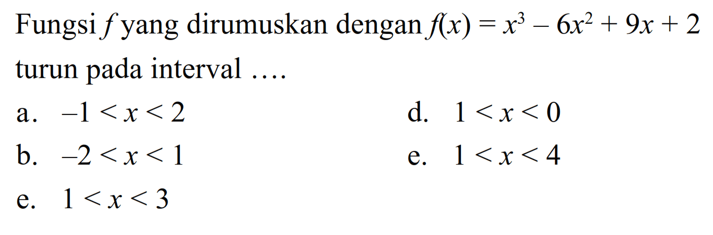 Fungsi f yang dirumuskan dengan f(x)=x^3-6x^2+9x+2 turun pada interval ....