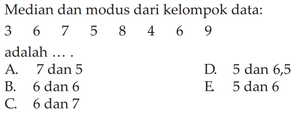 Median dan modus dari kelompok data: 3 6 7 5 8 4 6 9 adalah...