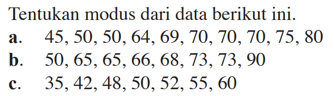 Tentukan modus dari data berikut ini. a. 45,50,50,64,69,70,70,70,75,80 b. 50,65,65,66,68,73,73,90 c. 35,42,48,50,52,55,60