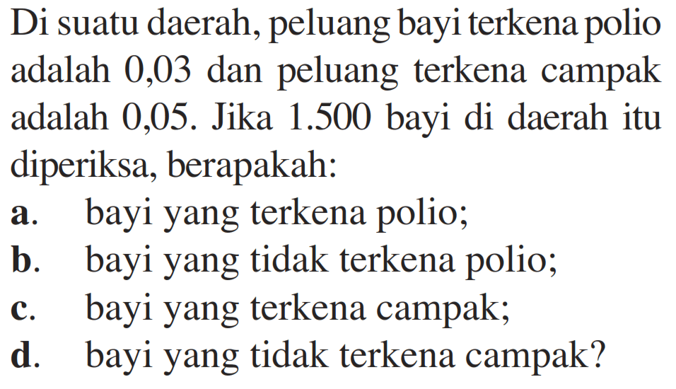 Di suatu daerah, peluang bayi terkena polio adalah 0,03 dan peluang terkena campak adalah 0,05. Jika 1.500 bayi di daerah itu diperiksa, berapakah:a. bayi yang terkena polio;b. bayi yang tidak terkena polio;c. bayi yang terkena campak;d. bayi yang tidak terkena campak?