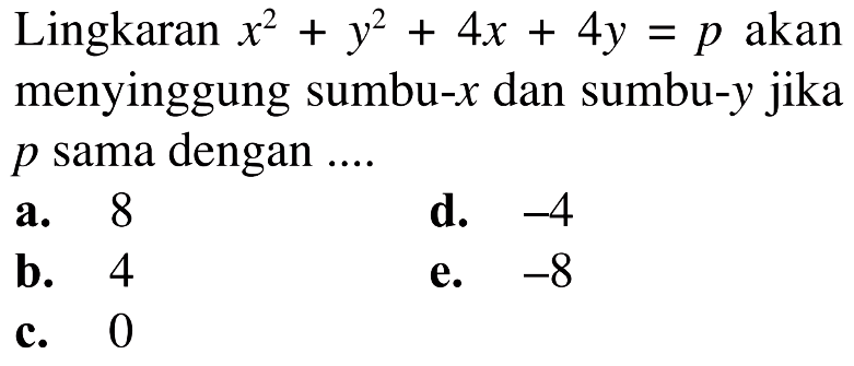 Lingkaran  x^2+y^2+4x+4y=p  akan menyinggung sumbu-x  dan sumbu-y  jika  p  sama dengan ....