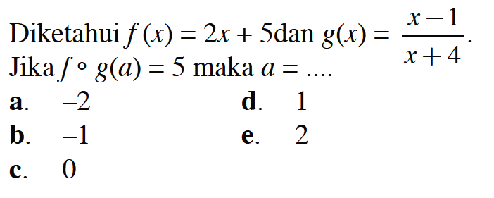 Diketahui f(x)=2x+5 dan g(x)=(x-1)/(x+4). Jika fog(a)=5 maka a=... . 