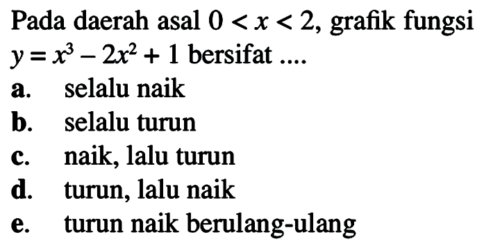 Pada daerah asal  0<x<2 , grafik fungsi  y=x^3-2x^2+1  bersifat ....