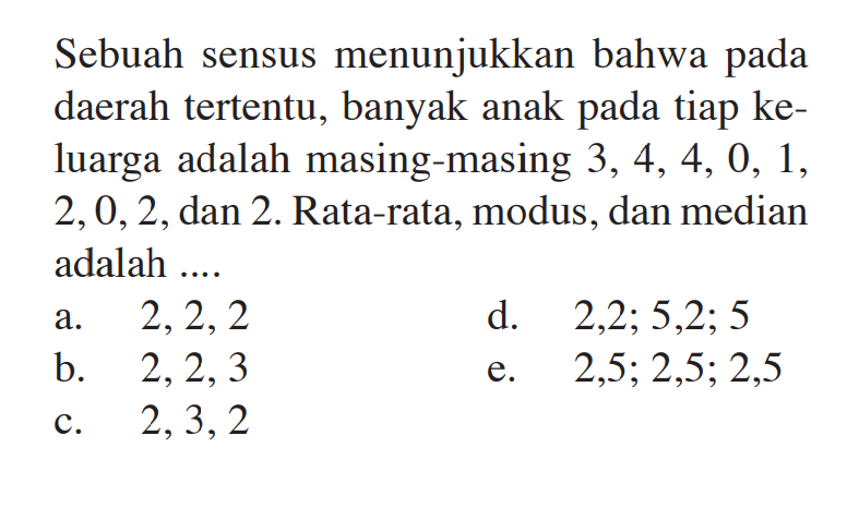 Sebuah sensus menunjukkan bahwa pada daerah tertentu, banyak anak pada tiap keluarga adalah masing-masing 3, 4, 4, 0, 1, 2,0,2,dan 2. Rata-rata, modus, dan median adalah ....