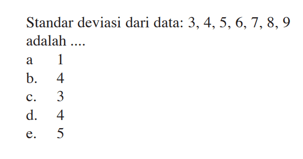 Standar deviasi dari data: 3,4,5,6,7, 8, 9 adalah ...