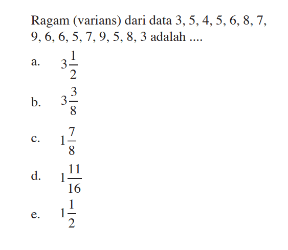 Ragam (varians) dari data 3,5,4,5,6,8,7,9,6,6,5,7,9,5,8,3 adalah ...