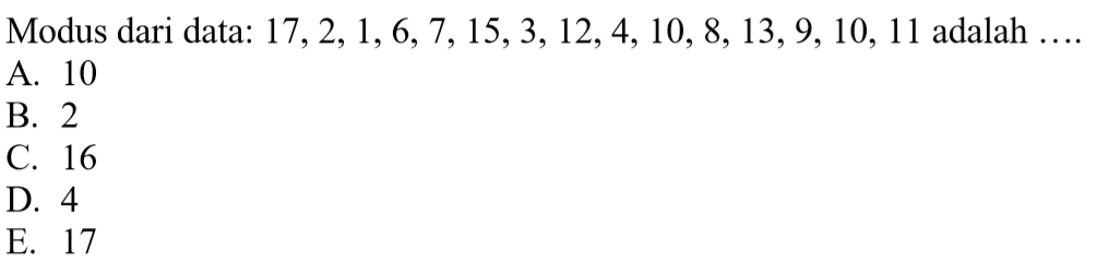 Modus dari data: 17,2,1,6,7,15,3,12,4,10,8,13,9,10,11 adalah....