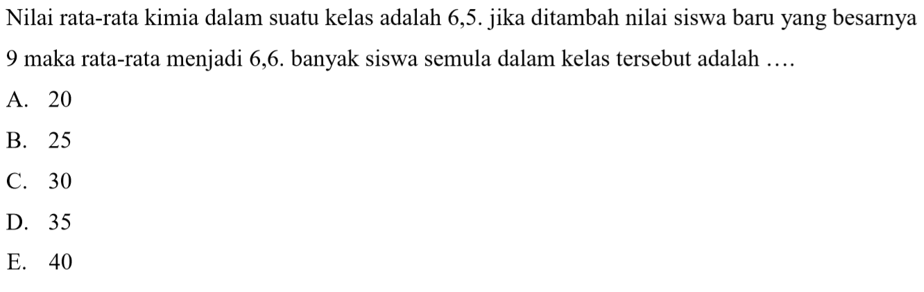 Nilai rata-rata kimia dalam suatu kelas adalah 6,5. jika ditambah nilai siswa baru yang besarnya 9 maka rata-rata menjadi 6,6. banyak siswa semula dalam kelas tersebut adalah....