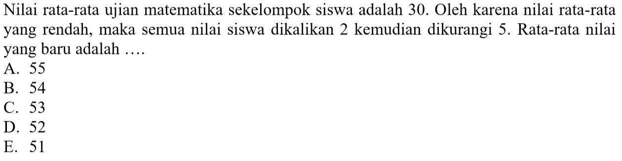 Nilai rata-rata ujian matematika sekelompok siswa adalah 30. Oleh karena nilai rata-rata yang rendah, maka semua nilai siswa dikalikan 2 kemudian dikurangi 5. Rata-rata nilai yang baru adalah....