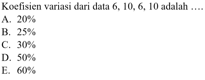 Koefisien variasi dari data 6,10,6,10 adalah....