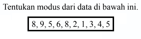 Tentukan modus dari data di bawah ini: 8,9,5,6,8,2,1,3,4,5