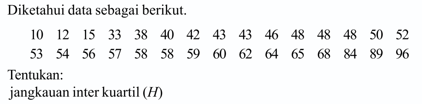 Diketahui data sebagai berikut: 10 12 15 33 38 40 42 43 43 46 48 48 48 50 52 59 53 54 56 57 58 58 60 62 64 65 68 84 89 96 Tentukan: jangkauan inter kuartil (H)