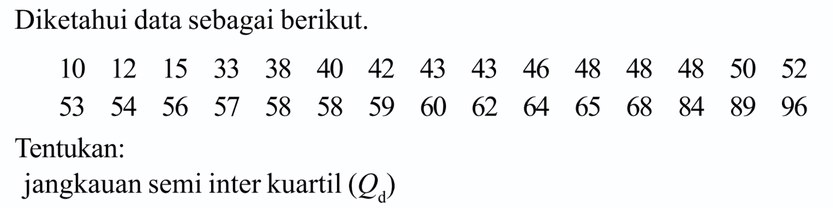 Diketahui data sebagai berikut. 10 12 15 33 38 40 42 43 43 46 48 48 48 50 52 53 54 56 57 58 58 59 60 62 64 65 68 84 89 96 Tentukan: jangkauan semi inter kuartil (Qd)