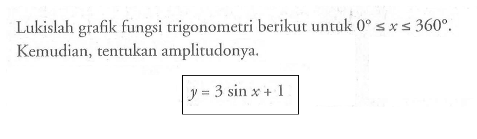 Lukislah grafik fungsi trigonometri berikut untuk 0<=x<=360. Kemudian, tentukan amplitudonya. y=3sinx+1