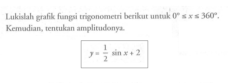 Lukislah grafik fungsi trigonometri berikut untuk 0<=x<=360. Kemudian, tentukan amplitudonya. y=1/2 sinx+2