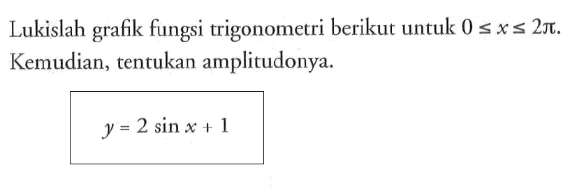 Lukislah grafik fungsi trigonometri berikut untuk 0 <= x <= 2pi. Kemudian, tentukan amplitudonya. y=2 sin x + 1