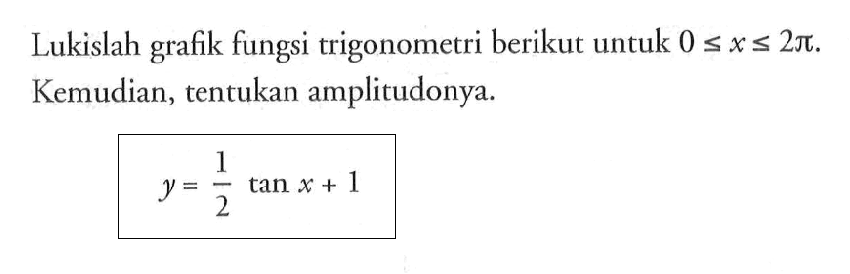 Lukislah grafik fungsi trigonometri berikut untuk 0<=x<=2pi. Kemudian, tentukan amplitudonya. y=1/2 tan x+1