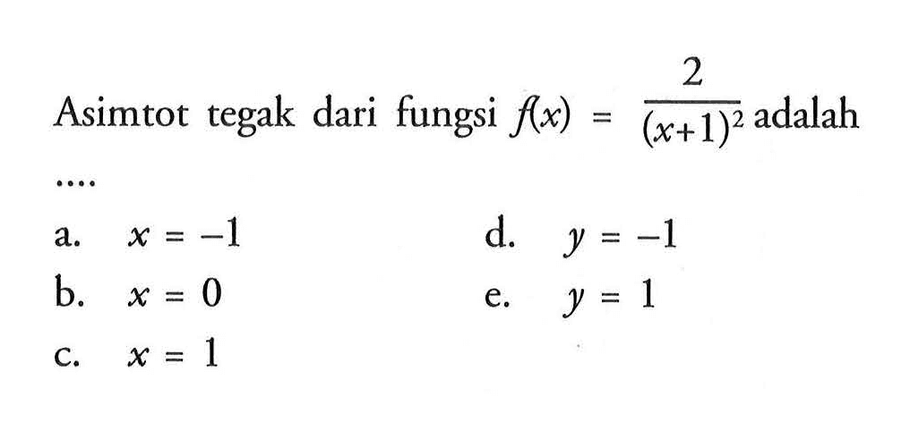 Asimtot tegak dari fungsi  f(x)=2/((x+1)^2)  adalah