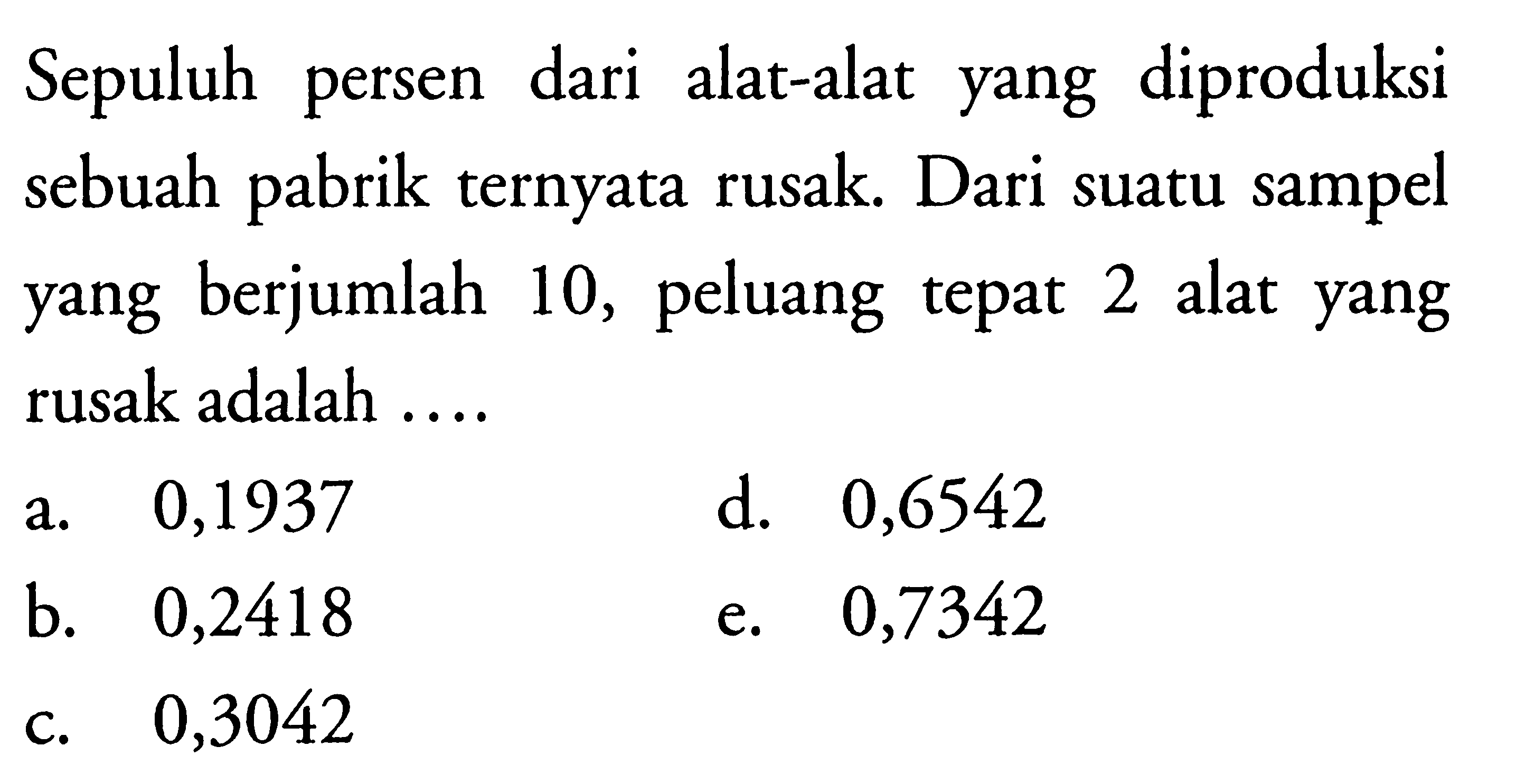 Sepuluh persen dari alat-alat yang diproduksi sebuah pabrik ternyata rusak. Dari suatu sampel yang berjumlah 10 , peluang tepat 2 alat yang rusak adalah ....