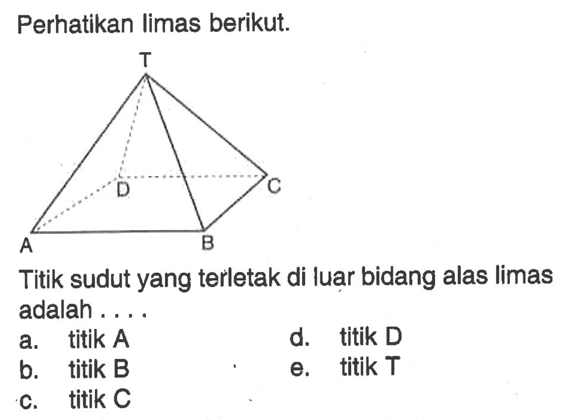 Perhatikan limas berikut. T A B C D Titik sudut yang terletak di luar bidang alas limas adalah ...