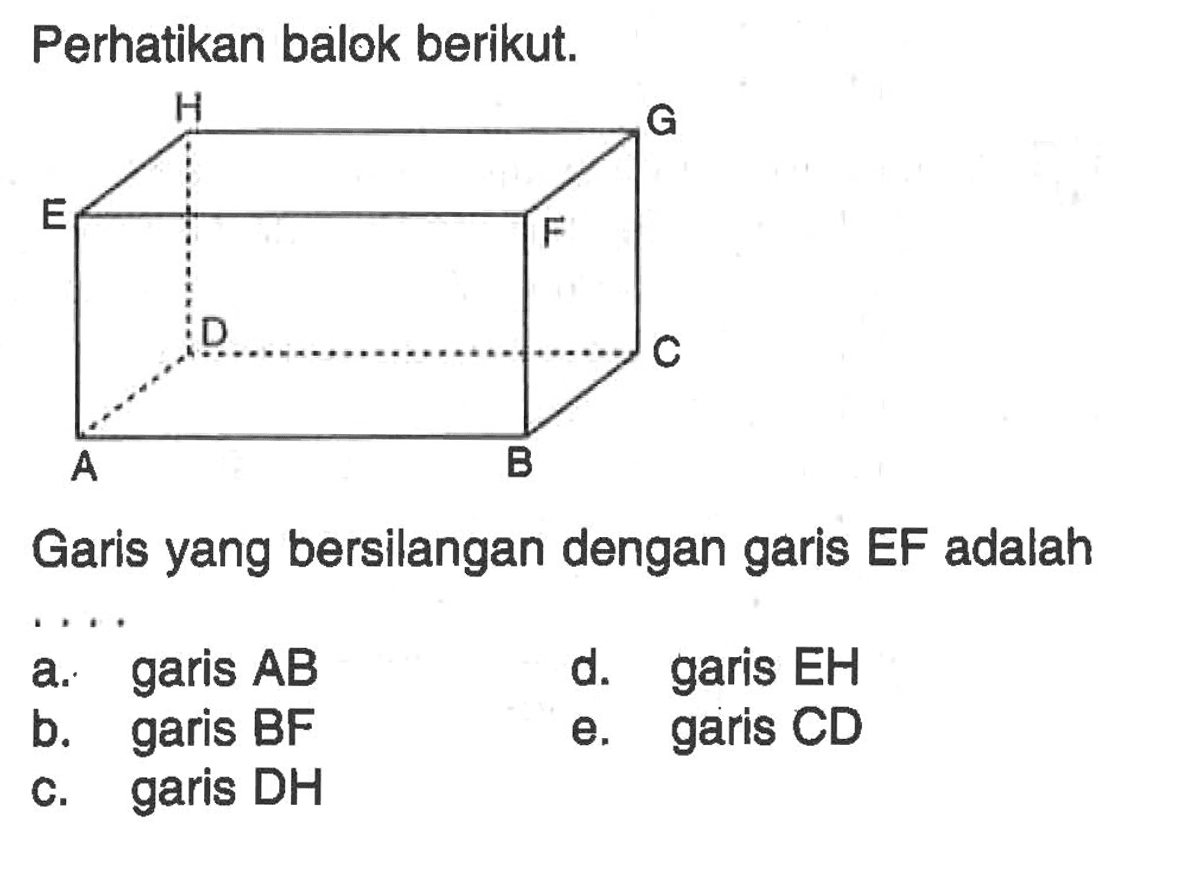 Perhatikan balok berikut. Garis yang bersilangan dengan garis EF adalah . . . .
