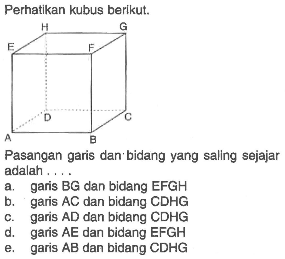 Perhatikan kubus berikut. Pasangan garis dan bidang yang saling sejajar adalah ....