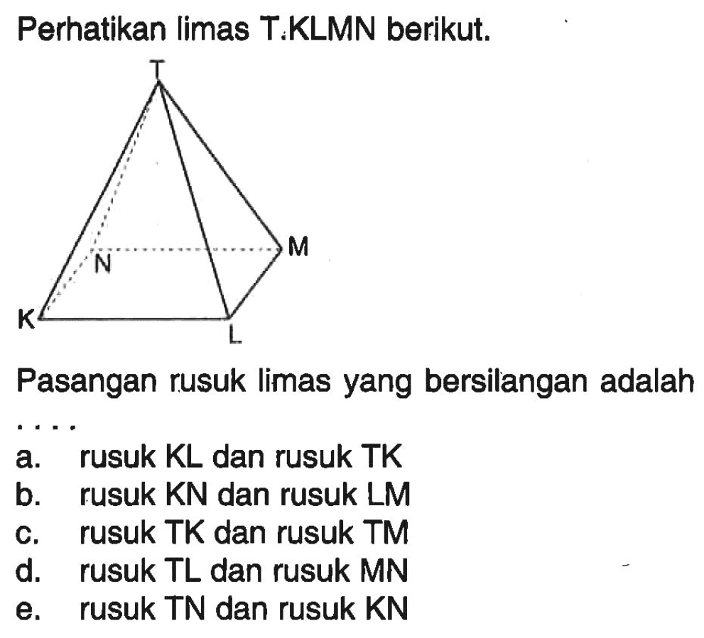 Perhatikan limas T KLMN berikut. Pasangan rusuk limas yang bersilangan adalah 